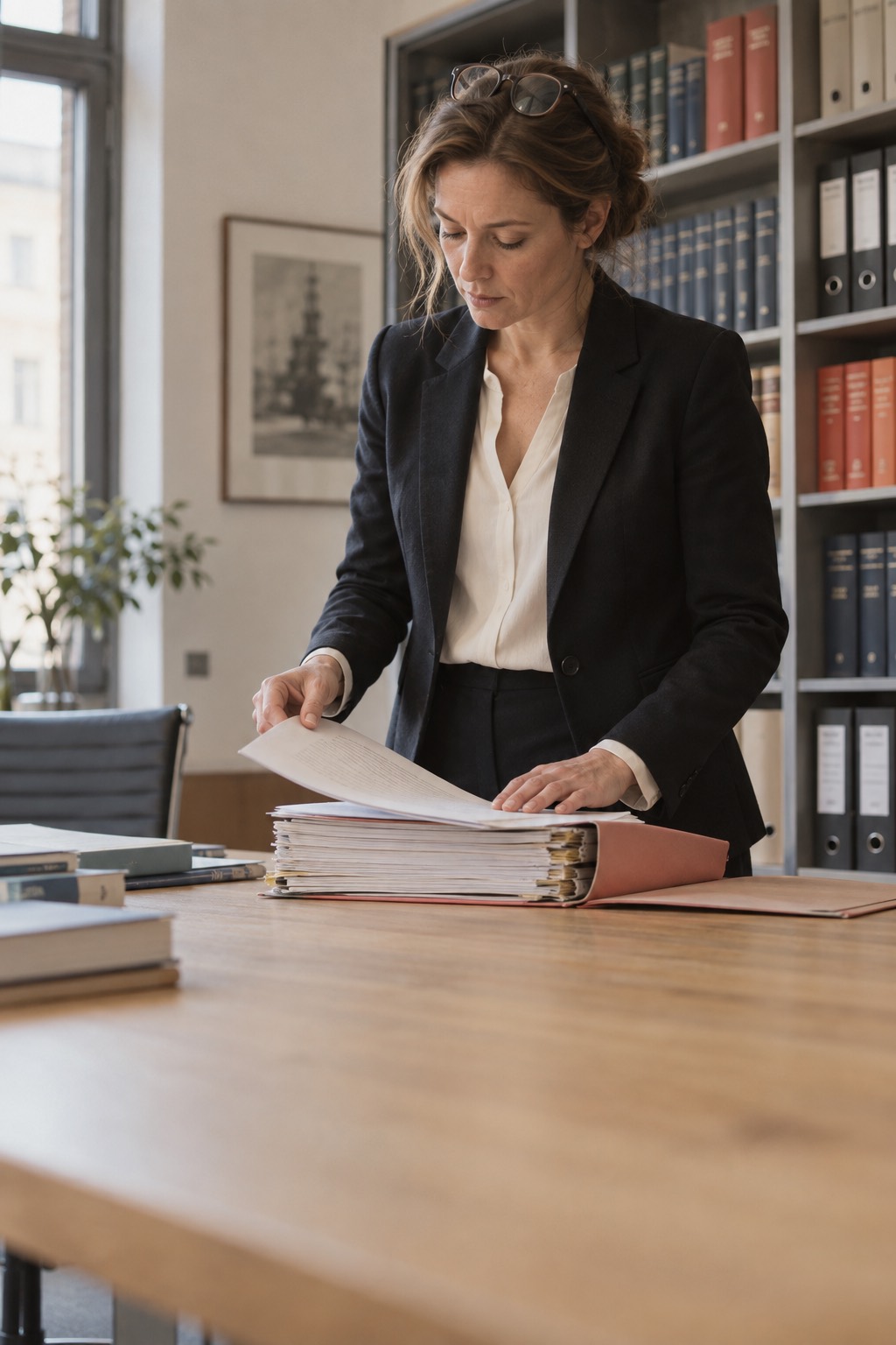 Attorney at a long oak table leafing through a thick case file, shelves of binders and law books behind her