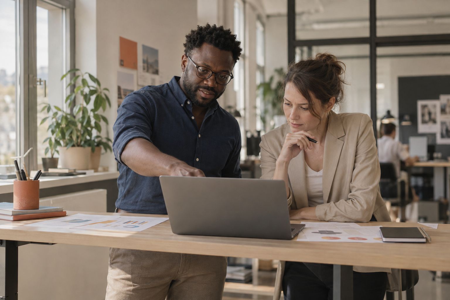 Head of marketing and a colleague discussing something on a laptop