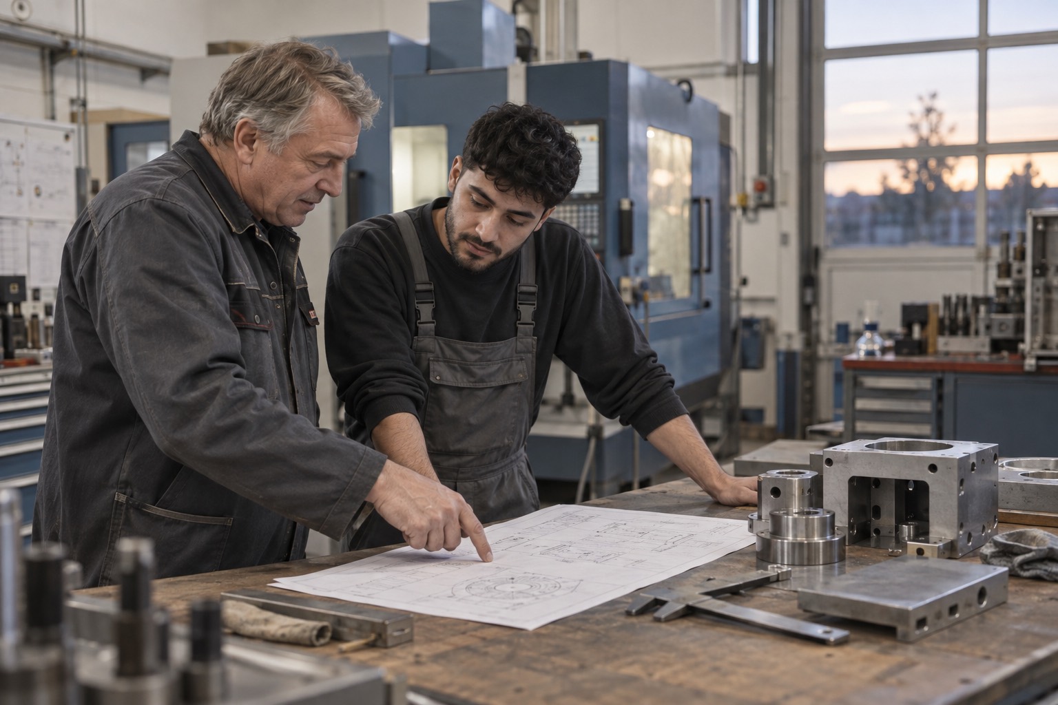 Shop floor lead and a young machinist going over a technical drawing at the workbench