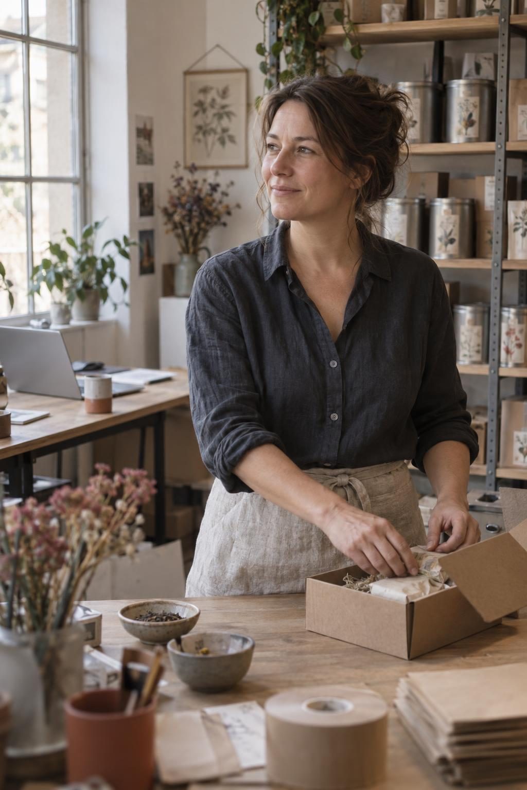 Shop owner packing a parcel at the counter