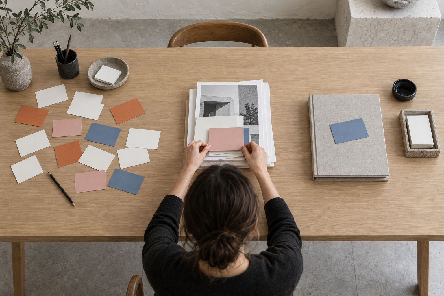 Index cards in three separate groups on a long table