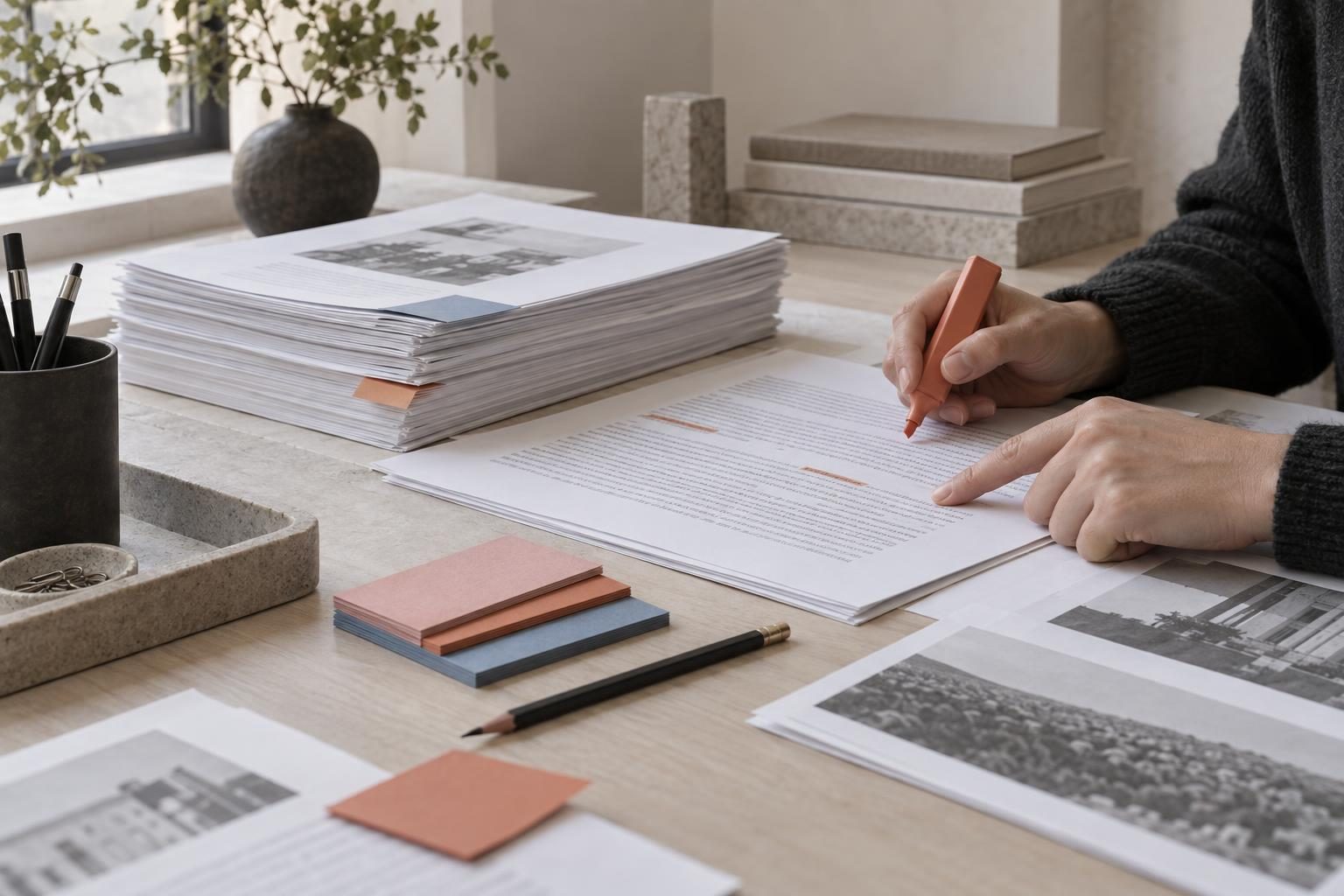 Hands checking paper proofs with a pencil