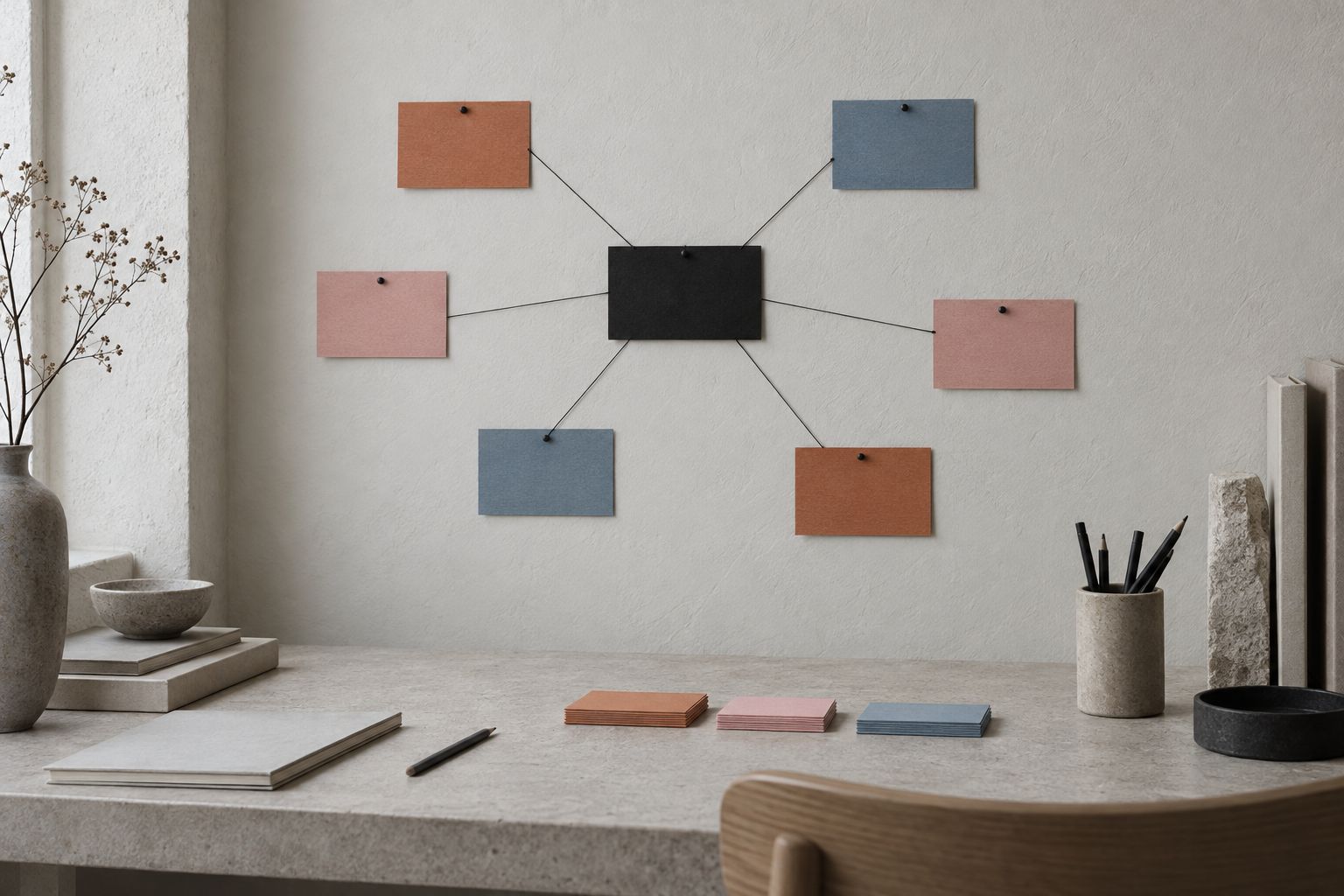 Index cards on a wall, connected by thread