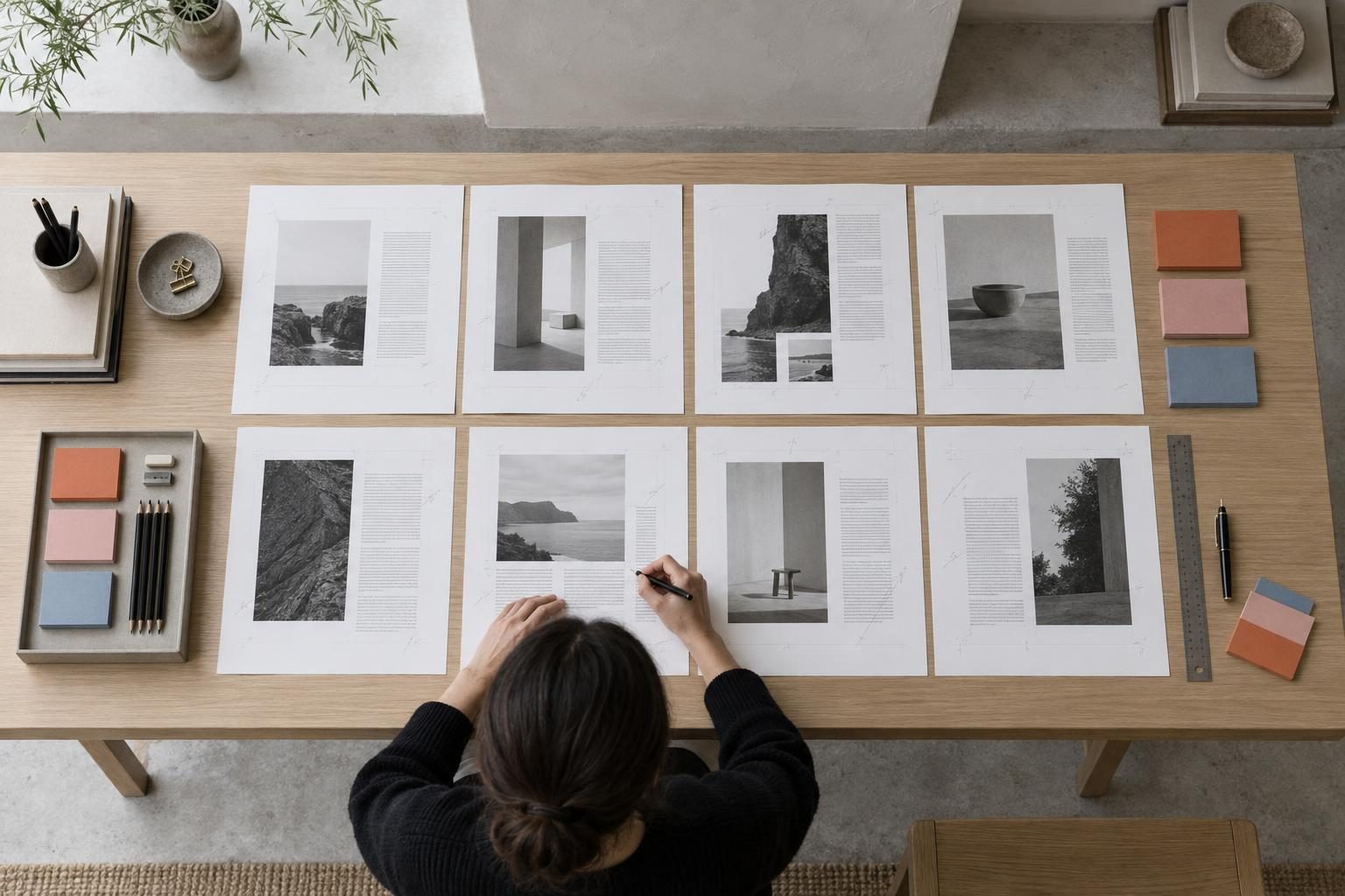 Paper proofs laid out in a grid, from above