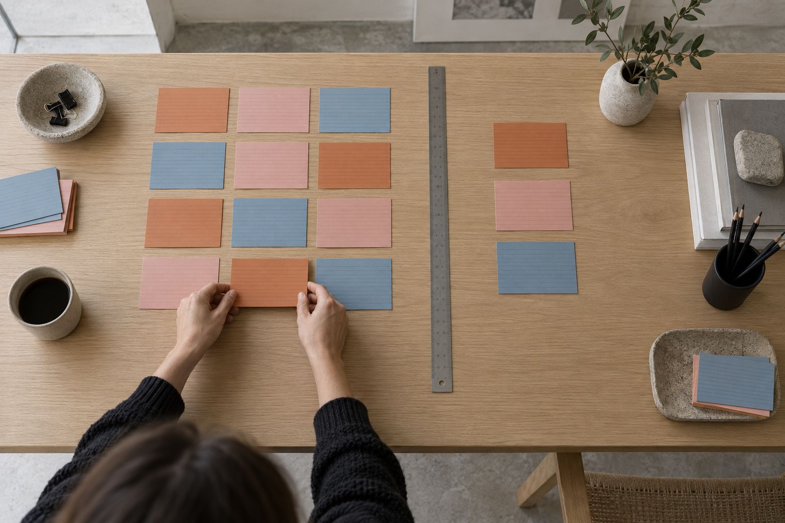 Index cards sorted into two groups, separated by a ruler