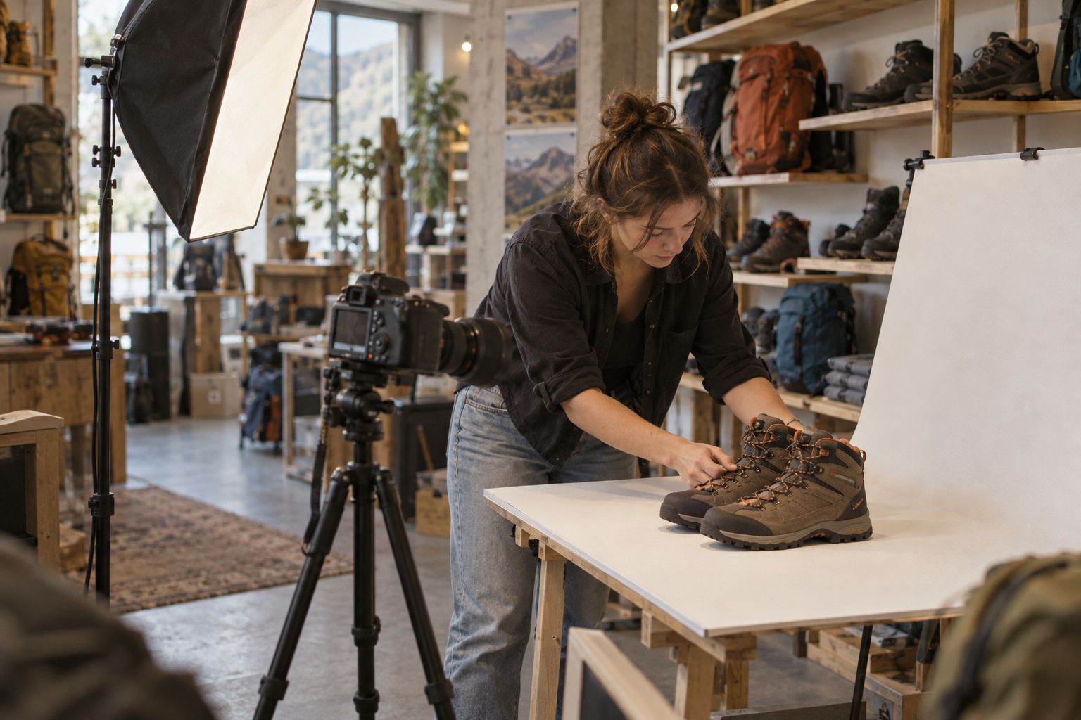 Store owner photographing hiking boots for her shop