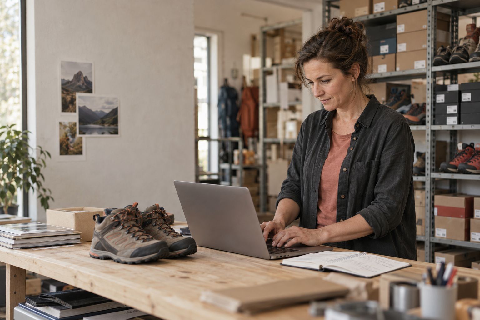 Shop owner writing a buying guide in her stockroom