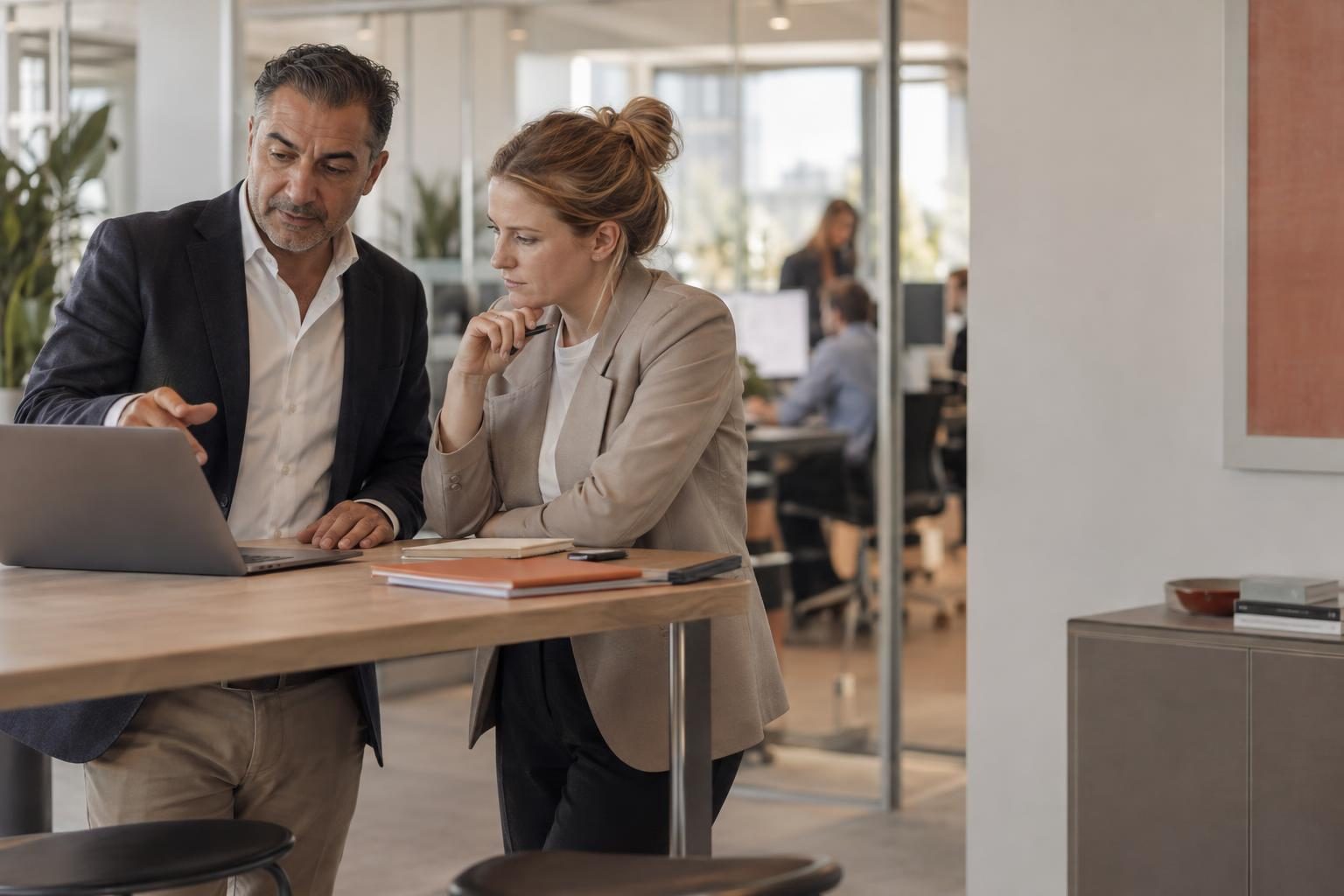 Managing director and head of marketing looking at a laptop together